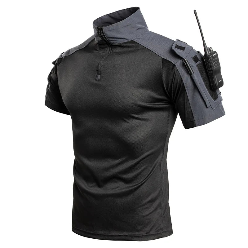 Summer Breathable Quick Dry Mens Tactical Combat Short Sleeve T-Shirts Half Zip Stand Collar Radio Pen Storage Arm Pocket Tee