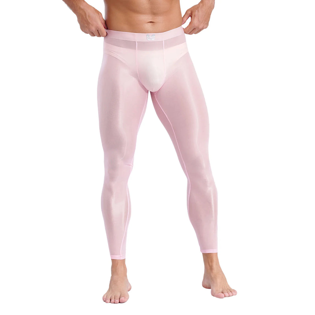 Mens Stretchy Compression Pants Skinny Sweatpants See Through Bulge Pouch Tights Ice Silky Yoga Gym Fitness Leggings Underwear