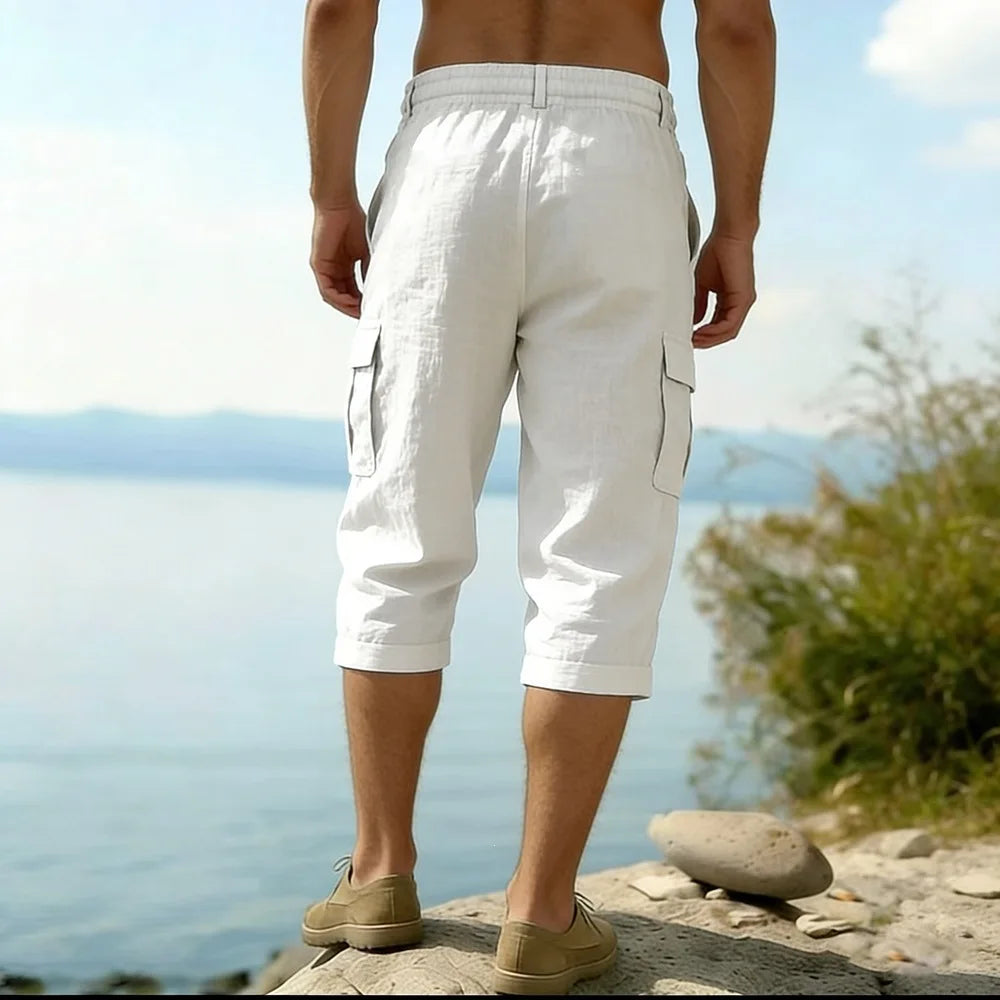 Men Summer Cotton Linen Shorts Retro Multi Pocket Loose Casual Shorts Thin Breathable Outdoor Fishing Travel Beach Short Pants