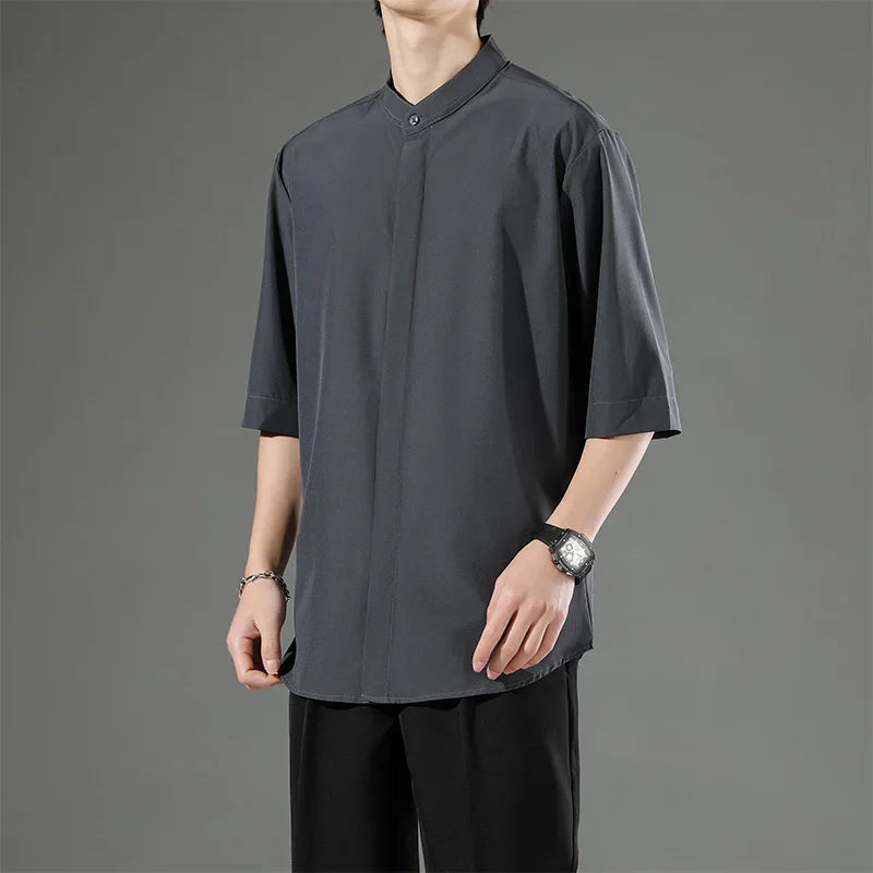 Summer Thin Short-sleeved Shirts Men Japanese Style Loose Stretch Business Casual Shirts Male No-iron Stand Collar Formal Tops