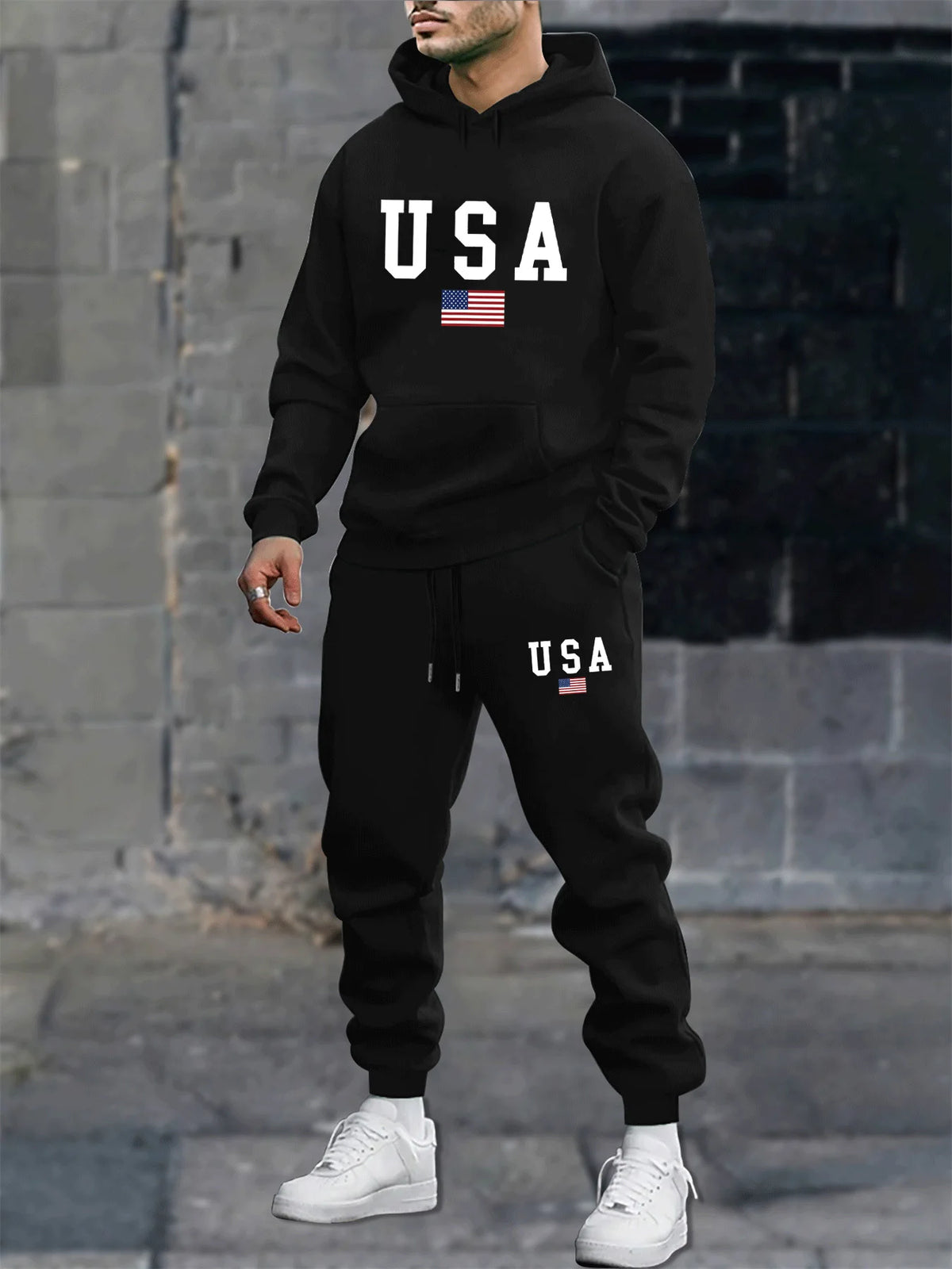 Men's autumn and winter casual fashion warm American flag USA pattern print loose plush thick hooded sweatshirt+sweatpants set