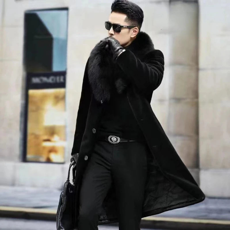 Men Fur Coat Winter Warm Luxury Brand Faux Fur Jacket Black High-end Thick Trench Coat Buttons Long Sleeve Outerwear Jackets New