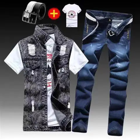 Spring Autumn Mens Thin sleeveless Denim Coat Pencil Pants T-shirts 3pcs Set Jacket Trousers Casual for Male Slim Fit
