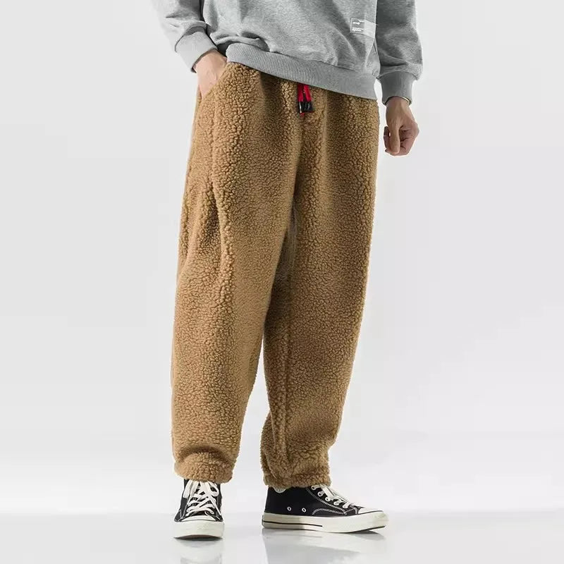 Winter Men's Lamb Wool Casual Pants Fleece Warm Elastic Waist Sweatpants Solid Thick Harem Pants Male Vintage Joggers Trousers