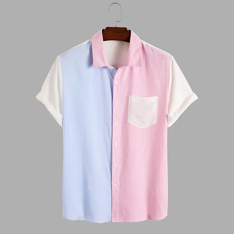 2026 Men's Summer Colorblock Shirts Short Sleeve Shirt Fashion Casual Lapel Cardigan Loose Comfortable Tops for Men Beach Shirts