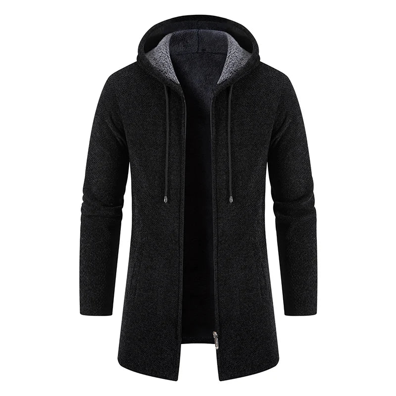 Men Winter Long Trench Coat 2023 Knit Sweater Jacket Fleece Wind Breaker Navy Turn-down Hoodies Zipper Cardigan Male Overcoat
