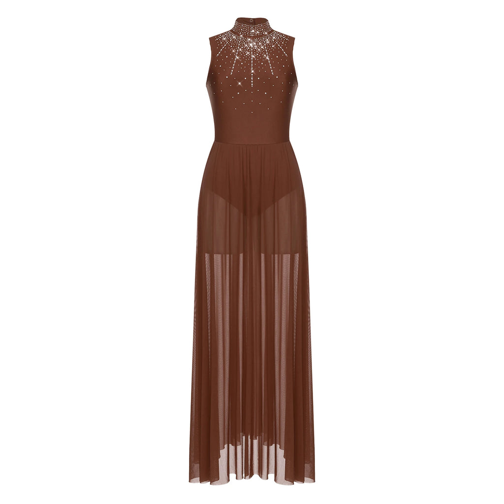 Womens Lyrical Dance Dresses Mock Neck Wide Hemline Shiny Rhinestones Maxi Dress Sleeveless Modern Contemporary Leotard Dresses