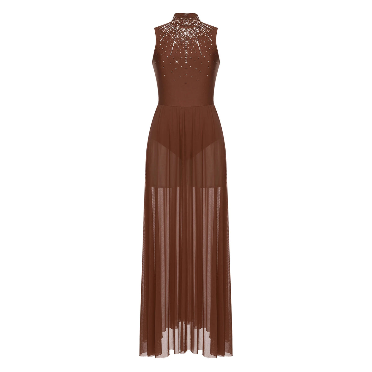 Womens Lyrical Dance Dresses Mock Neck Wide Hemline Shiny Rhinestones Maxi Dress Sleeveless Modern Contemporary Leotard Dresses