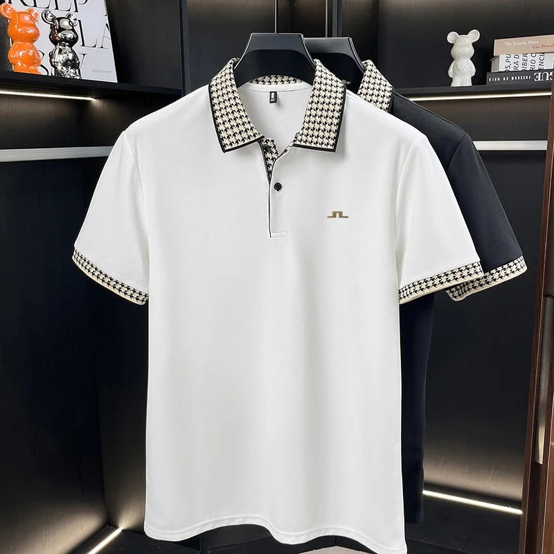 Men Contrast Collar Polo Shirt Short Sleeve Houndstooth Trim Casual Summer Top Breathable Pique Tee Regular Fit Fashion Shirt