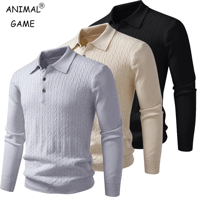 Autumn Mens Polo Sweater V Neck Long Sleeve Knit Button Polos Ribbed Casual Dress Pullover Sweaters Outdoor Winter Streetwear