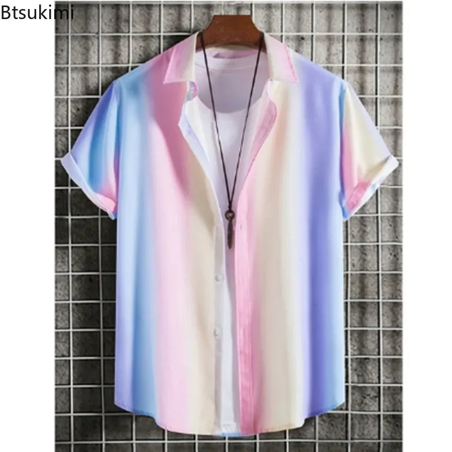 2026 Men's Summer Colorblock Shirts Short Sleeve Shirt Fashion Casual Lapel Cardigan Loose Comfortable Tops for Men Beach Shirts