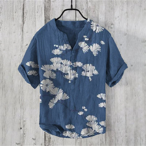2024 New Men's Shirt Japanese Vintage Art Print Linen Short Sleeved Shirt Hawaiian Style Button Henry Neck Shirt