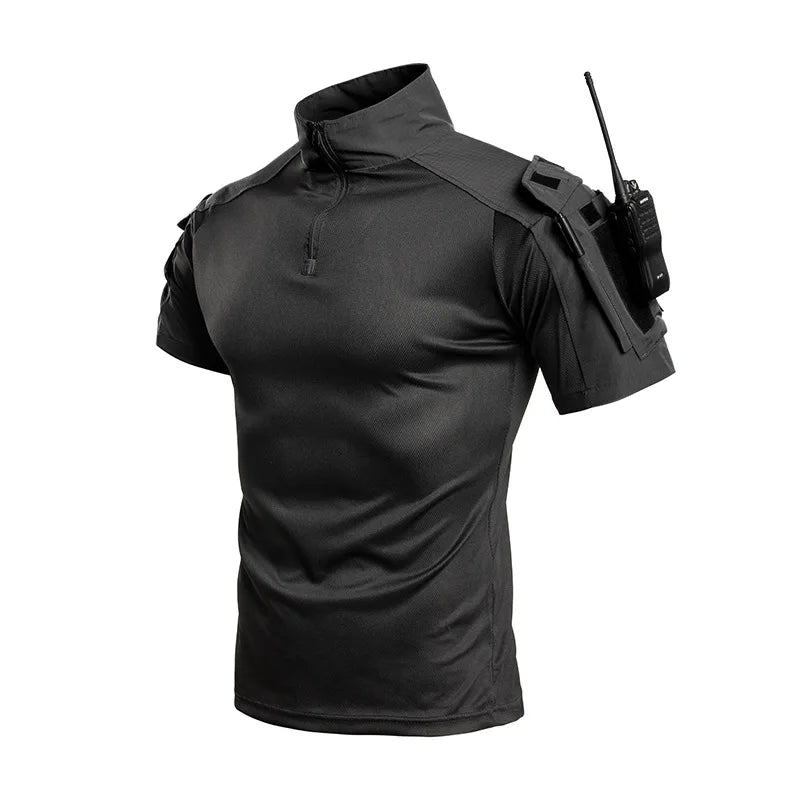 Summer Breathable Quick Dry Mens Tactical Combat Short Sleeve T-Shirts Half Zip Stand Collar Radio Pen Storage Arm Pocket Tee