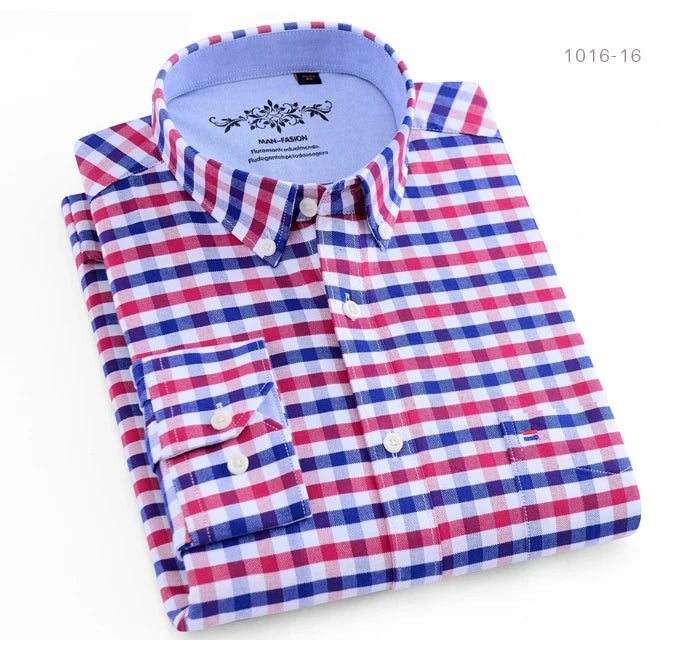 Cotton Oxford Shirt For Men Long Sleeve Plaid Striped Casual Shirts Male Pocket Regular-Fit Button-Down Work Man Dress Shirt
