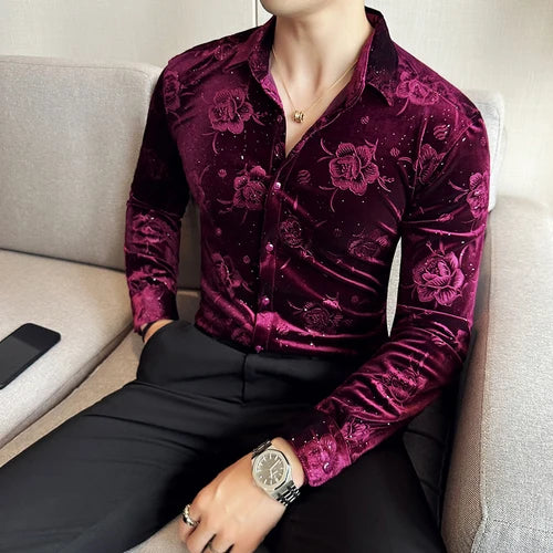 Men's Long Sleeve Velvet Flower Shirt New Luxury Printed Business Casual  Dress Shirts Formal Social Party Turn Down Collar Tops
