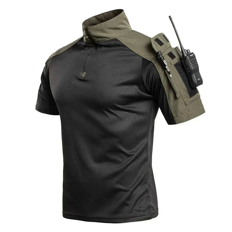 Summer Breathable Quick Dry Mens Tactical Combat Short Sleeve T-Shirts Half Zip Stand Collar Radio Pen Storage Arm Pocket Tee