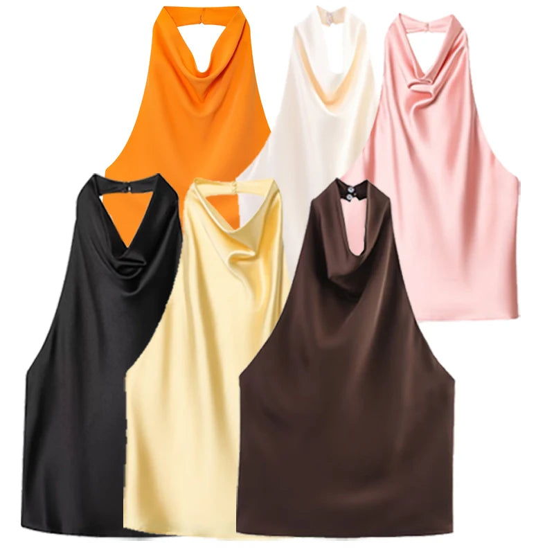 HXAO Top Women Halter Satin Women Tops Backless Corset Top Vest Yellow