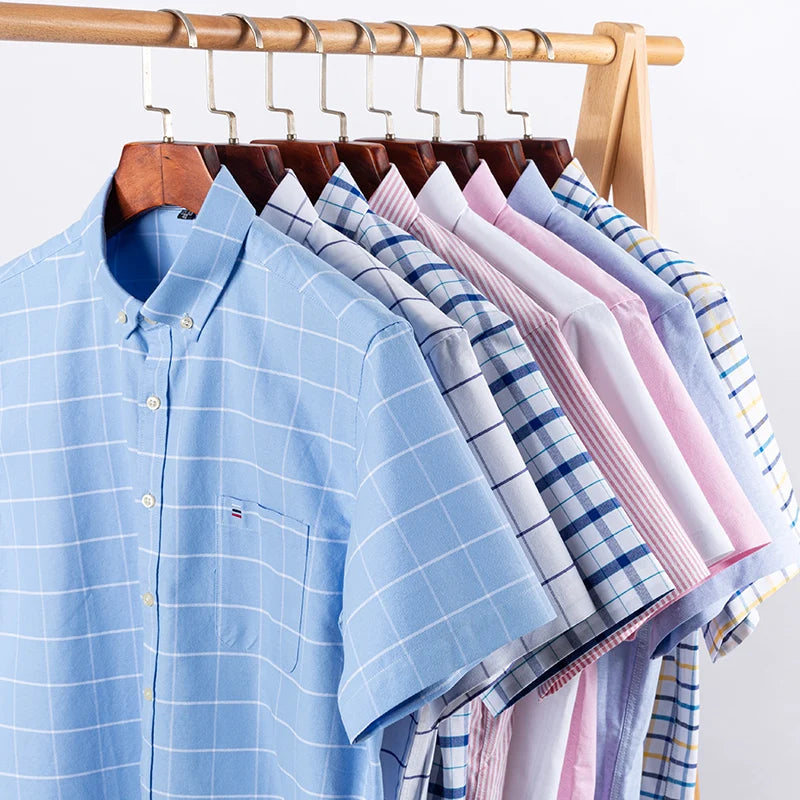 100%Pure Cotton Oxford Men's Shirts Short Sleeve Plaid Soft Regular Fit Formal Dress Shirt Social Blouse Male Clothes 6XL 7XL
