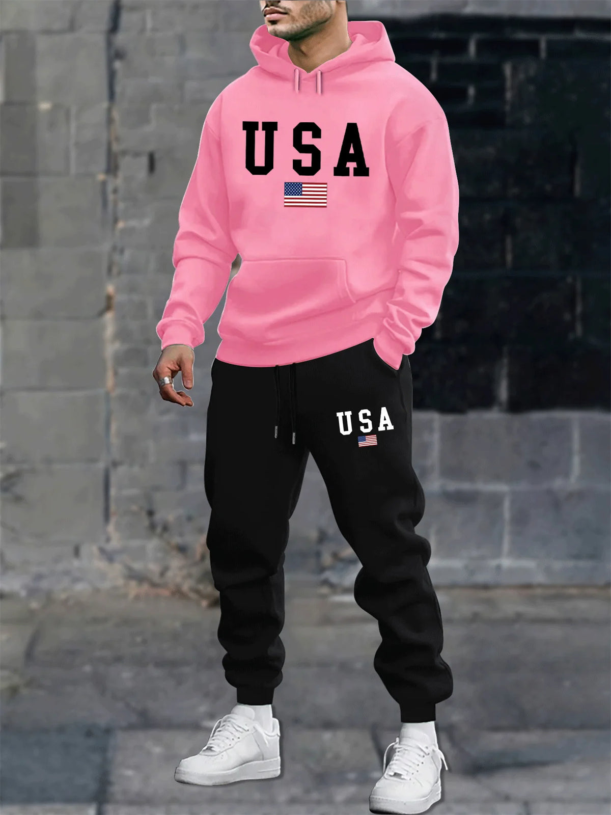 Men's autumn and winter casual fashion warm American flag USA pattern print loose plush thick hooded sweatshirt+sweatpants set