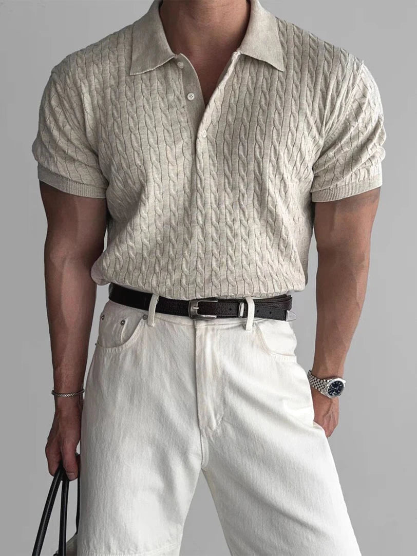American Style Hard Man Knitted  Shirt Muscle Men Slim Fit Elastic Short Sleeve Turn-down Collar Sweatshirt Tight Sleeve ...