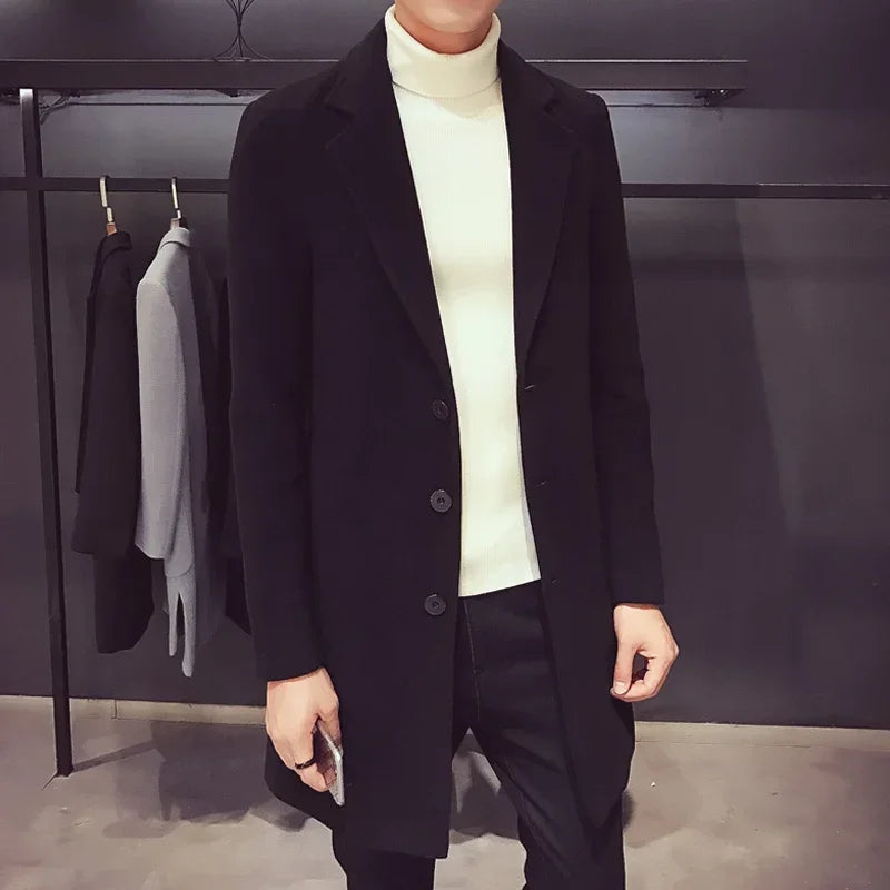 Men's Long Coat 2025 Autumn/Winter New Fashion Business Slim Fit Men's Long Coat High Quality Solid Color Casual Men's Clothing