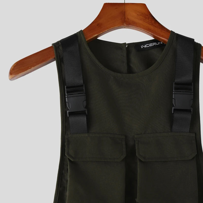 INCERUN Men's Tank Tops Solid Color O-neck Sleeveless Pockets Male Vests Summer Streetwear Loose 2026 Fashion Casual Men Clothes