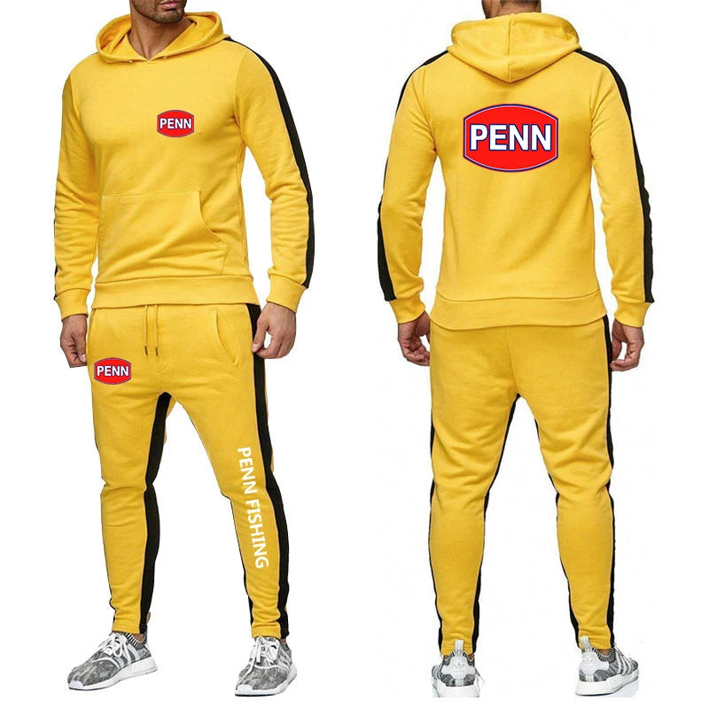 2024 Men's New Penn Fishing Reel Spring and Autumn Solid Color Sweatshirt Set Casual Long-sleeved Hoodies Pants Two Piece Suit