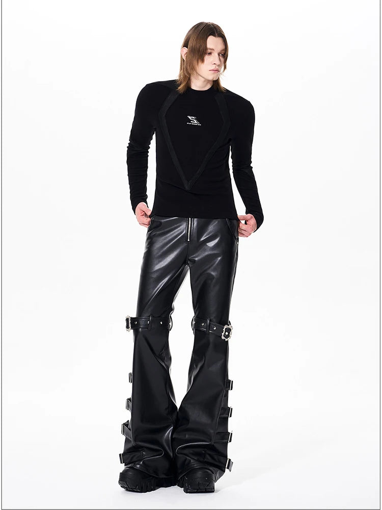 Mauroicardi Spring Autumn Cool Handsome Long Black Pu Leather Flare Pants for Men Rivet Luxury Designer Alternative Emo Clothes