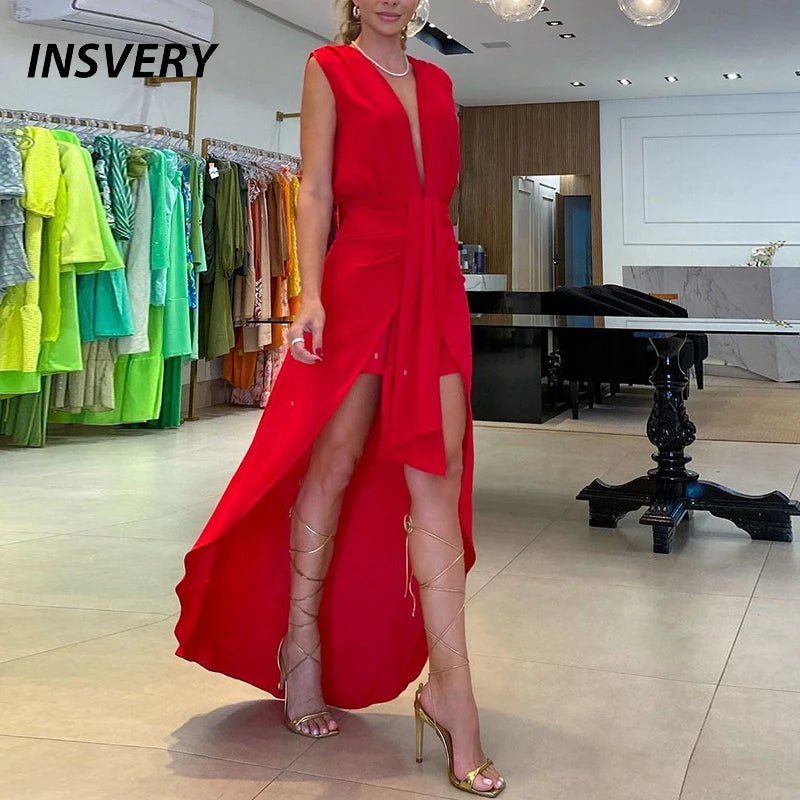 Elegant Party Dresses For Women Summer V Neck Sleeveless A-line Solid Long Dress Women Evening Dress Red
