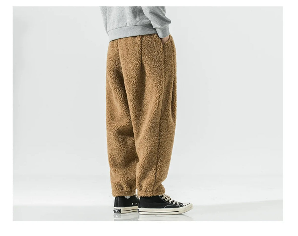 Winter Men's Lamb Wool Casual Pants Fleece Warm Elastic Waist Sweatpants Solid Thick Harem Pants Male Vintage Joggers Trousers