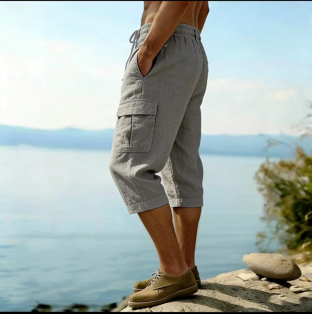 Men Summer Cotton Linen Shorts Retro Multi Pocket Loose Casual Shorts Thin Breathable Outdoor Fishing Travel Beach Short Pants