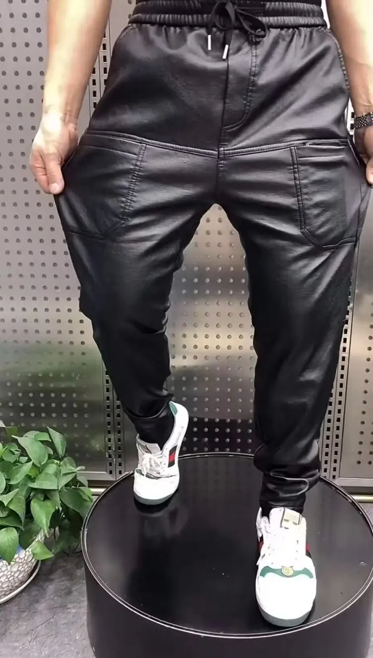 Outdoor Loose Harem Leather Pants Sweatpants Elastic Style Casual Trousers High Quality Luxury Brand Rock Style Men' Pants