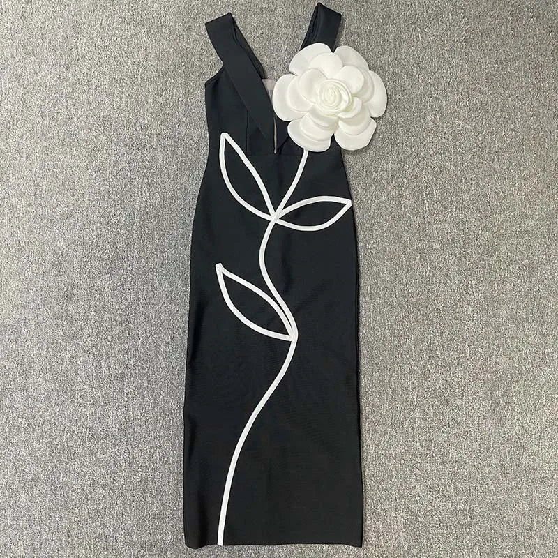 Women's Evening Dresses Sexy Strapless Tie White Flowers Bodycon Bandage Long Dresses Elegant Party Birthday Dresses