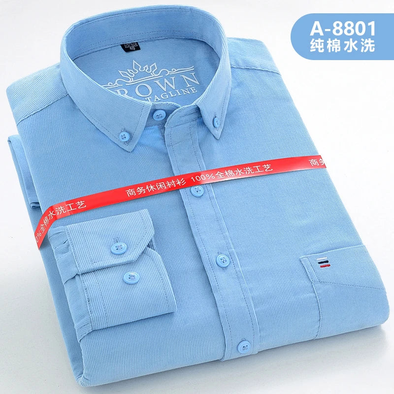 Cotton Corduroy Warm Shirts For Men New Autumn Winter Fashion Solid Color S-7XL Businessman Long Sleeve Smart Dress Casual Shirt