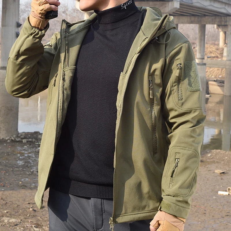 Tactical Winter Set Men's Outdoor Windproof Waterproof Suit Multi-Pocket Soft Shell Hooded Jackets Sharkskin Work Pants