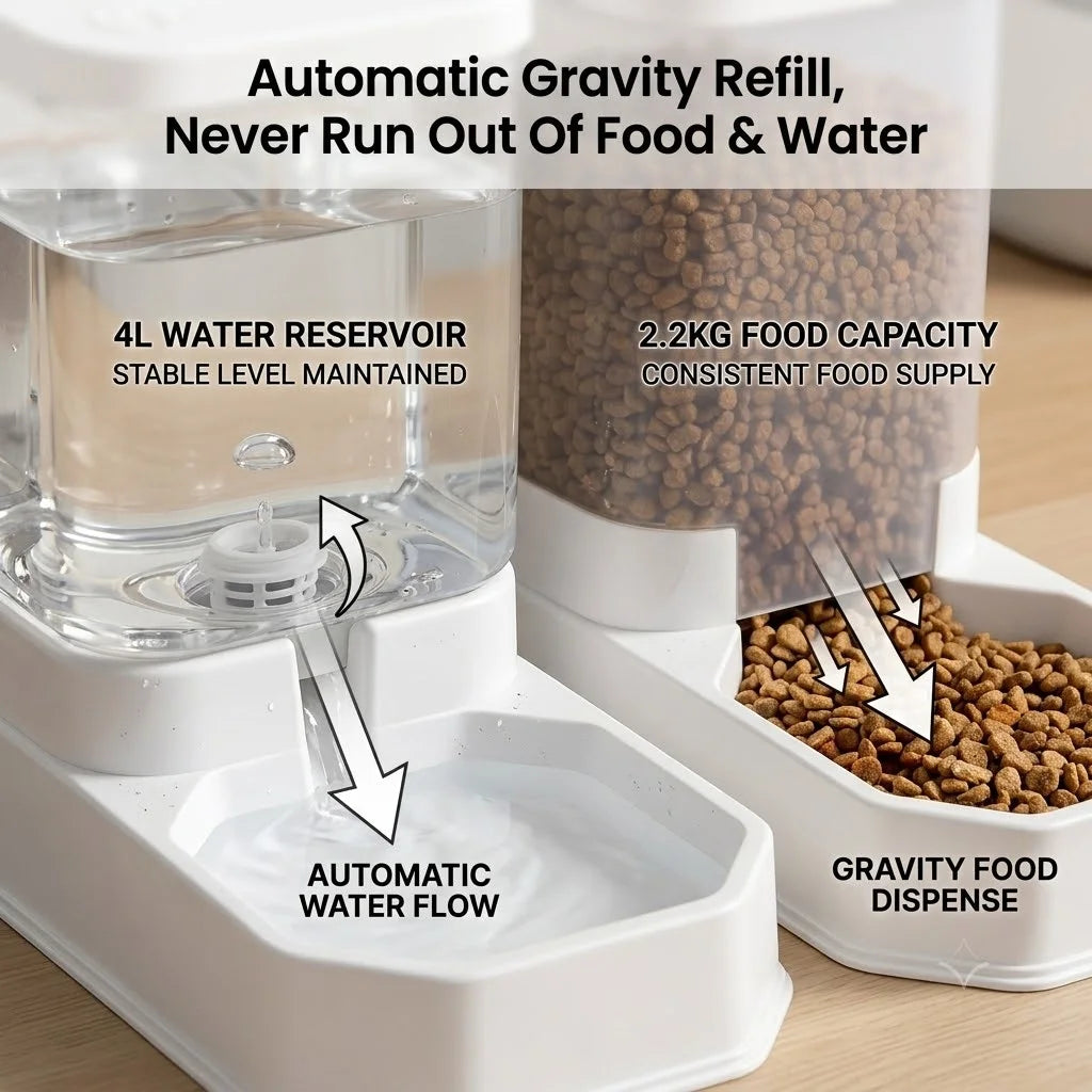 2 in 1 Gravity Pet Feeder Water Dispenser 2.2KG 4L Large Capacity Automatic Refill Bowl For Cats Small Dogs