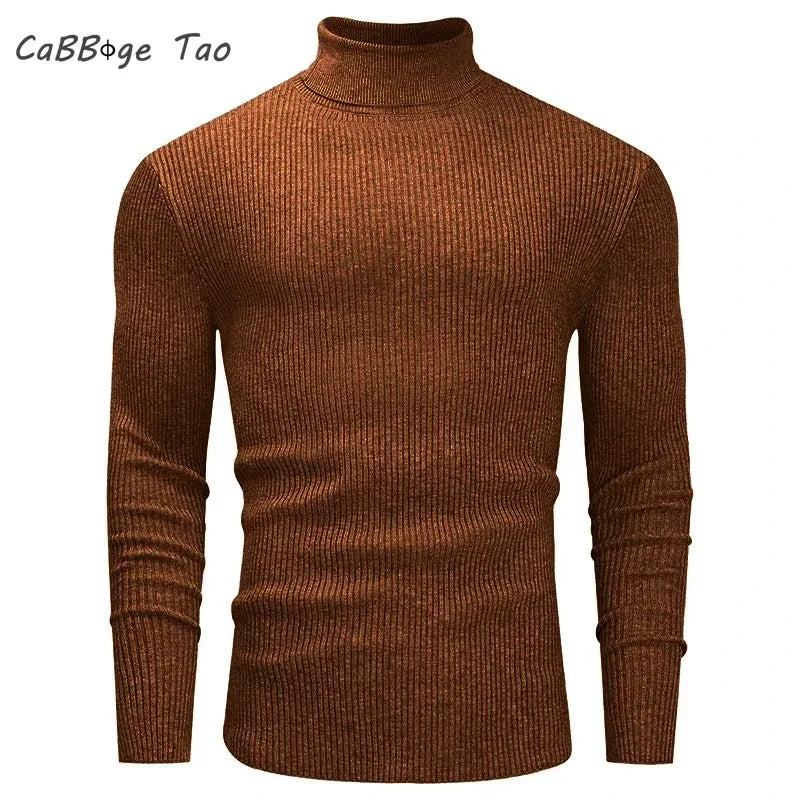 New Men's Slim Fit Turtleneck Sweater Casual Twist Patterned Pullover Knitted Sweaters Autumn Long Sleeve Stripe Streetwear