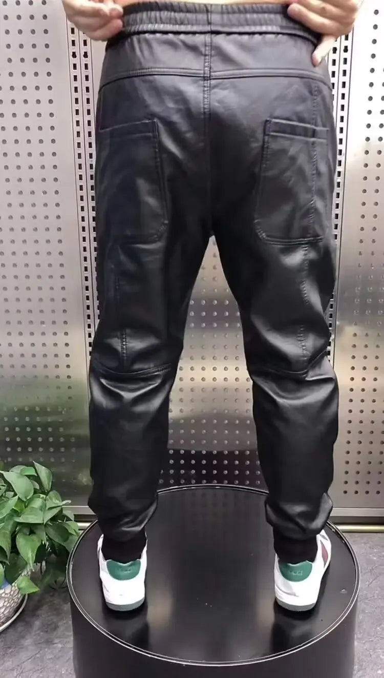 Outdoor Loose Harem Leather Pants Sweatpants Elastic Style Casual Trousers High Quality Luxury Brand Rock Style Men' Pants