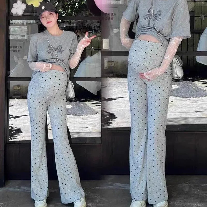 2026 Spring Autumn Maternity Polka Dot Flared Pants Petite Wide Leg Trousers Loose Straight Bell Bottom Pants Outdoor Pregnant