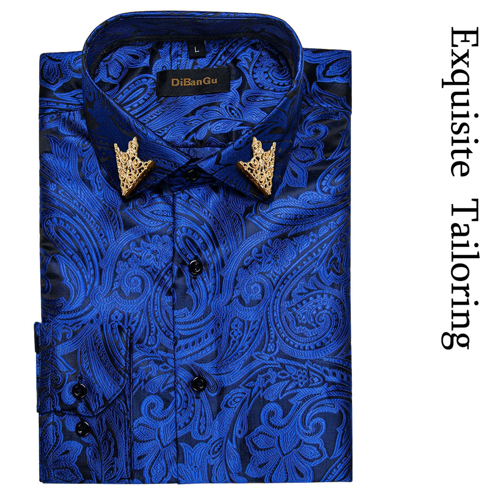 Brand New Men's Royal Blue Business Shirts Luxury Fashion Paisley Long Sleeve Turn-Down Collar Social Shirt Male Casual Blouse