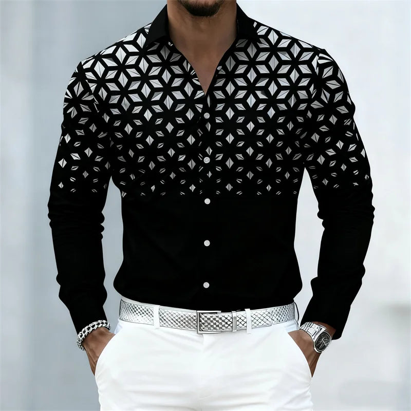 17 Colors of Men's Shirts, Fashionable Geometric Pattern Print Long Sleeve Shirts, Personalized Trendy Slim Lapel Casual Shirts