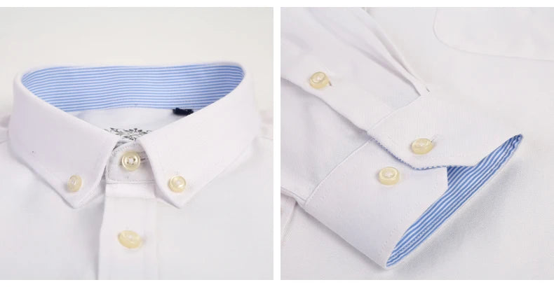 Cotton Oxford Shirt For Men Long Sleeve Plaid Striped Casual Shirts Male Pocket Regular-Fit Button-Down Work Man Dress Shirt