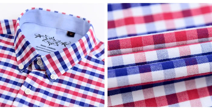 Cotton Oxford Shirt For Men Long Sleeve Plaid Striped Casual Shirts Male Pocket Regular-Fit Button-Down Work Man Dress Shirt