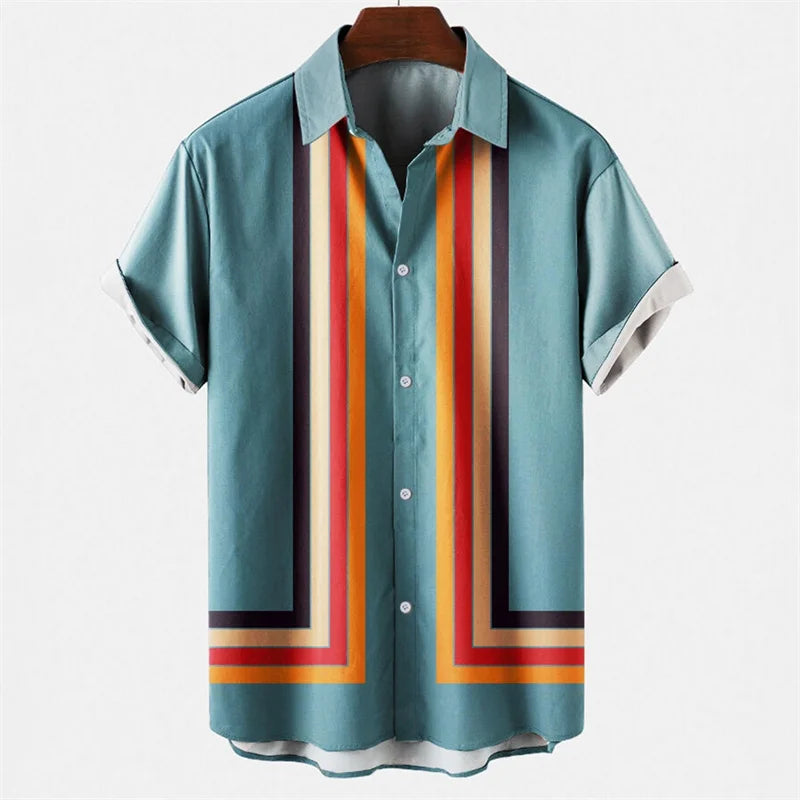 Mens Hawaiian 3d Stripe Print Shirt Harajuku Summer Fashion Short Sleeves Casual Beach Vacation Button Loose Aloha Shirts