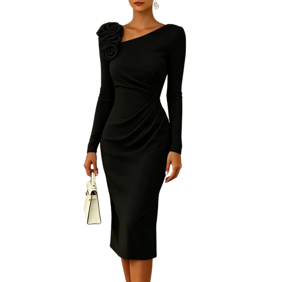 Banquet Dress for Women Elegant Sweet 3D Flower Ruched Bodycon Midi Dress Robe Female Party Prom Vestido Evening Gown Lady Dress