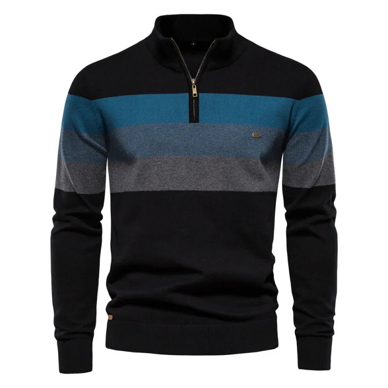 Fashion Autumn Winter Men's Half Zipper Stand Collar Striped Color-coded Casual Trendy Knitted Pullovers Male Sweaters Clothes