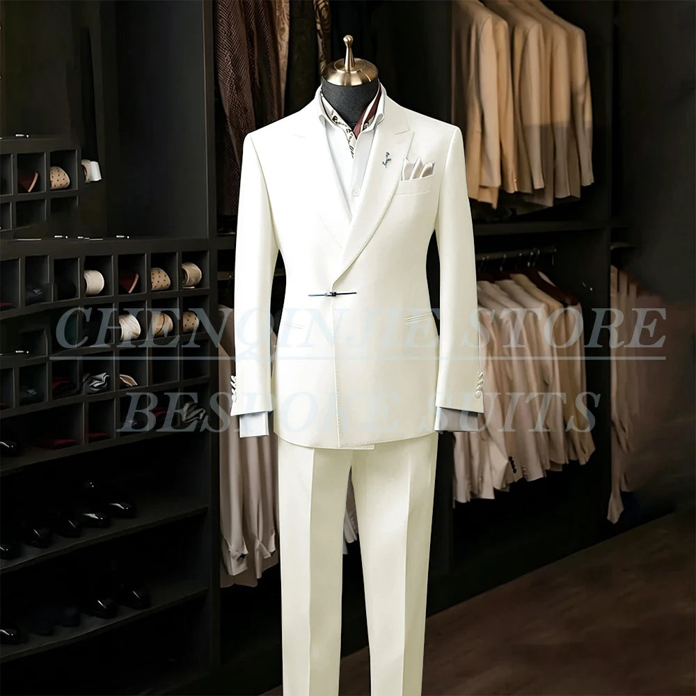Bespoke White Men's Suits Male Clothing Fashion Wedding Regular Fit 2 Piece Jacket Pants Blazer High Quality Clothing Costume