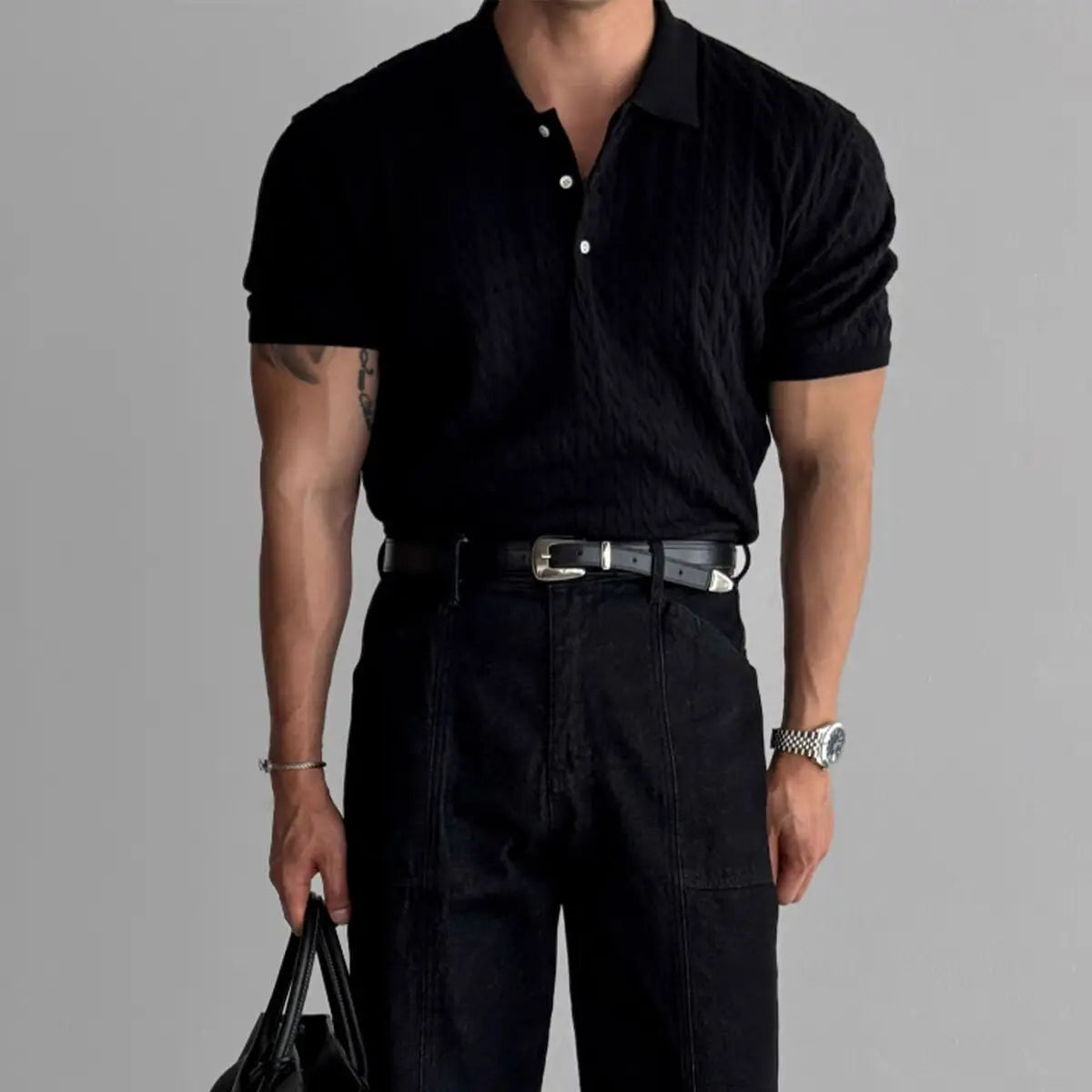 American Style Hard Man Knitted  Shirt Muscle Men Slim Fit Elastic Short Sleeve Turn-down Collar Sweatshirt Tight Sleeve ...