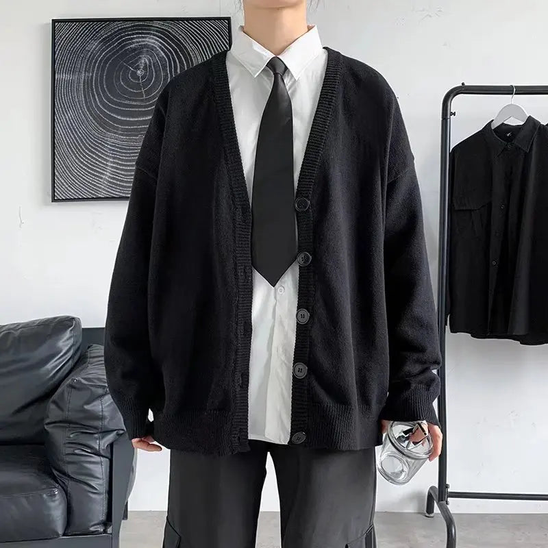 Autumn Winter Men Casual V-Neck Cardigan Sweaters Solid Color Long Sleeve Outerwear Single-breasted Male Loose Knitted Coats
