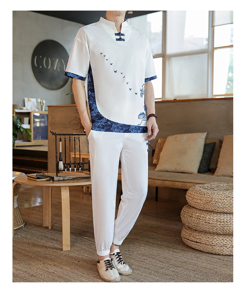 Shirts + Pants summer Cotton linen shorts sleeve shirts Men's Casual Sets Male Fashion trousers and shirts men size M-4XL TZ020